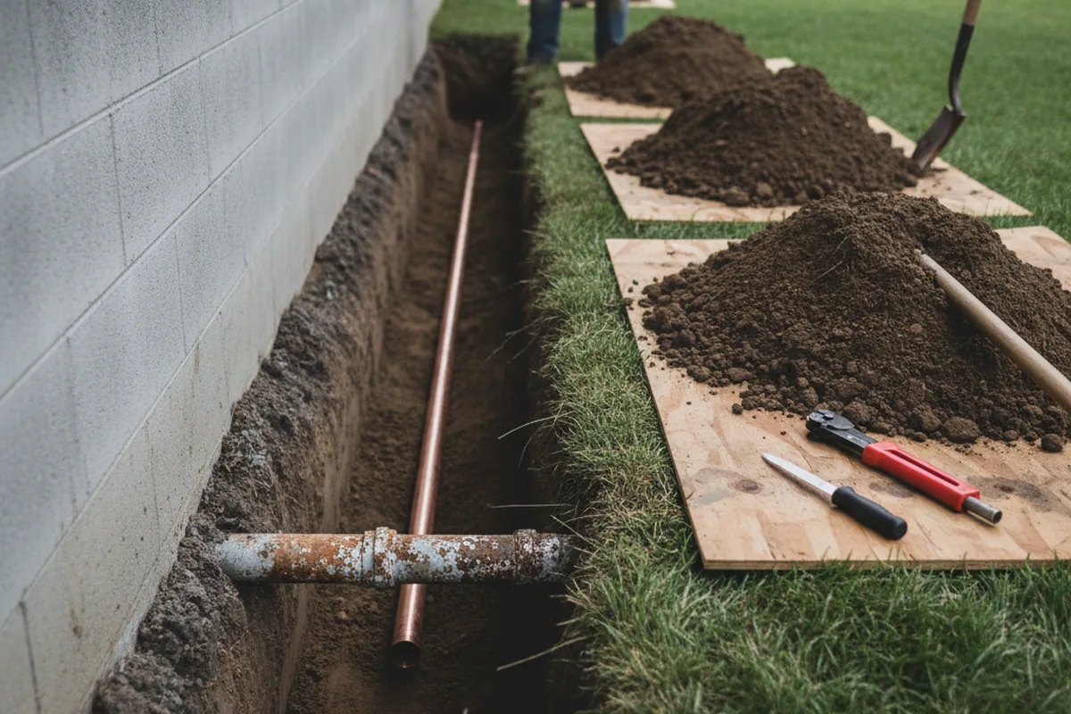 Excavated water line trench during Water Heater Repair in Hondo